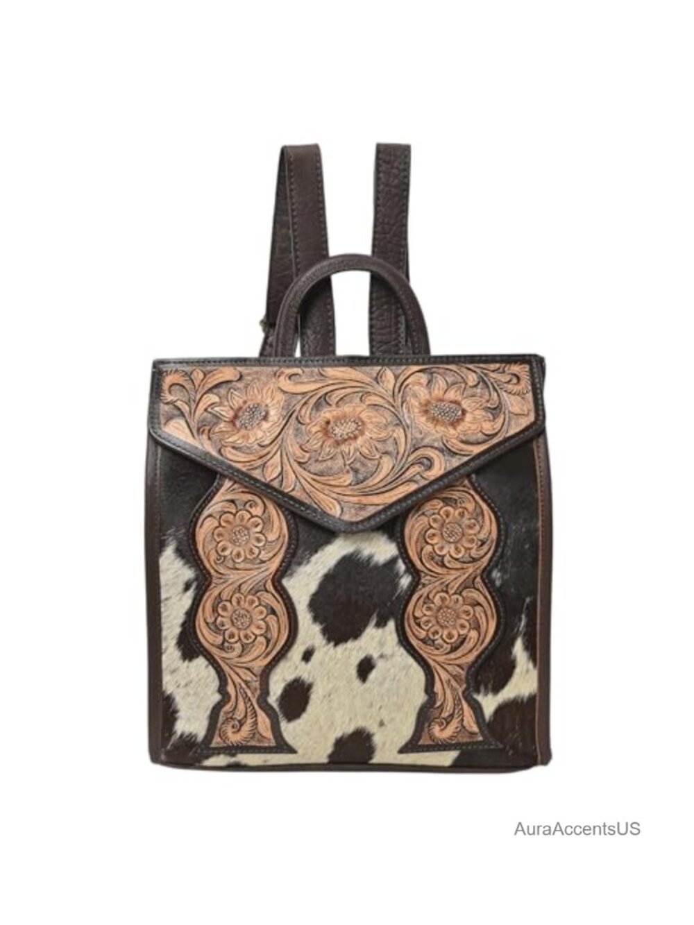 Genuine Leather Hair-On Cowhide Backpack Hand-Tooled Western Floral Travel Bag